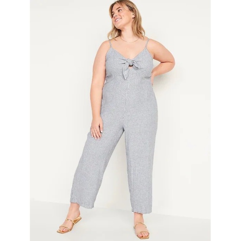 Old Navy Linen Blend Blue White Striped Knot Tie Front Cropped Jumpsuit 2X NWOT